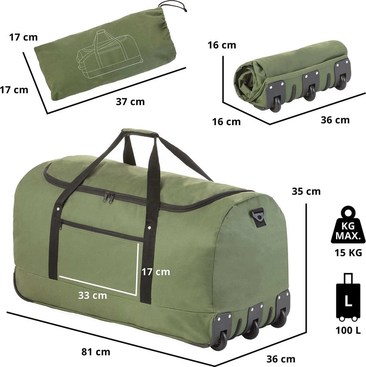 TravelZ Opvouwbare Wieltas | Reistas Op Wielen | 100 Liter | Verbeterd 2022 Model | Groen 8 TravelZ Opvouwbare Wieltas | Reistas Op Wielen | 100 Liter | Verbeterd 2022 Model | Groen - Afbeelding 6