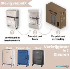 Asyam Units- Handbagage- Invouwbaar- Koffer- Koffer 38L- Spinner Wielen- TSA Slot- Lichtgewicht- Khaki -Trolley Winkel 1200x1175 7