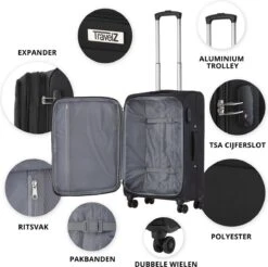 Travelz Softspinner TSA Reiskoffer 77cm - Zachte Reiskoffer Met Expander 104 + 16 Ltr - Zwart -Trolley Winkel 1200x1193 3