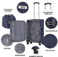 Travelz Softspinner TSA Reiskoffer 67cm - Zachte Reiskoffer Met Expander - Blauw -Trolley Winkel 1200x1194