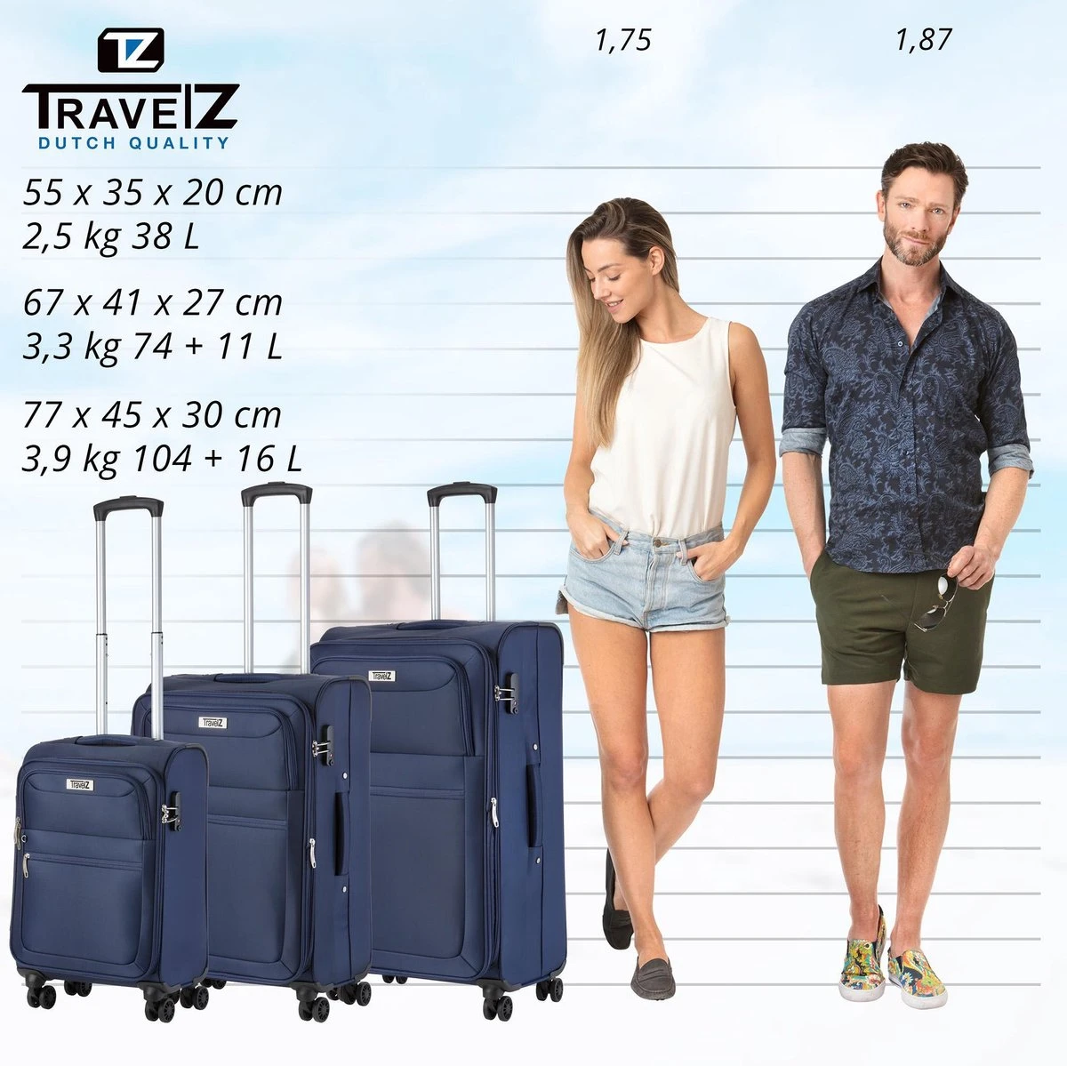 TravelZ Softspinner TSA Kofferset - 3-delige Zachte Trolleyset - Dubbele Wielen En Voorvakken Blauw 11 TravelZ Softspinner TSA Kofferset - 3-delige Zachte Trolleyset - Dubbele Wielen En Voorvakken Blauw - Afbeelding 9