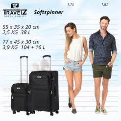 TravelZ Softspinner TSA Kofferset - 2-delig Handbagage + Grote Koffer 77cm - Dubbele Wielen - Zwart -Trolley Winkel 1200x1199 8