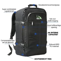 CabinMax Metz Reistas– Handbagage 44L- Rugzak – Schooltas - Backpack 55x40x20cm – Lichtgewicht - Zwart (MZ BK) -Trolley Winkel 1200x1200 1251