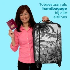 NoBoringSuitcases.com® Koffer - Jungle - Palmboom - Vintage - Zwart Wit - Past Binnen 55x40x20 Cm En 55x35x25 Cm - Handbagage - Trolley - Fotokoffer - Cabin Size - Print -Trolley Winkel 1200x1200 1414