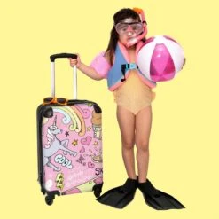 NoBoringSuitcases.com® Koffer - Roze - Eenhoorn - Skateboard - Tekening - Past Binnen 55x40x20 Cm En 55x35x25 Cm - Handbagage - Trolley - Fotokoffer - Cabin Size - Print -Trolley Winkel 1200x1200 332