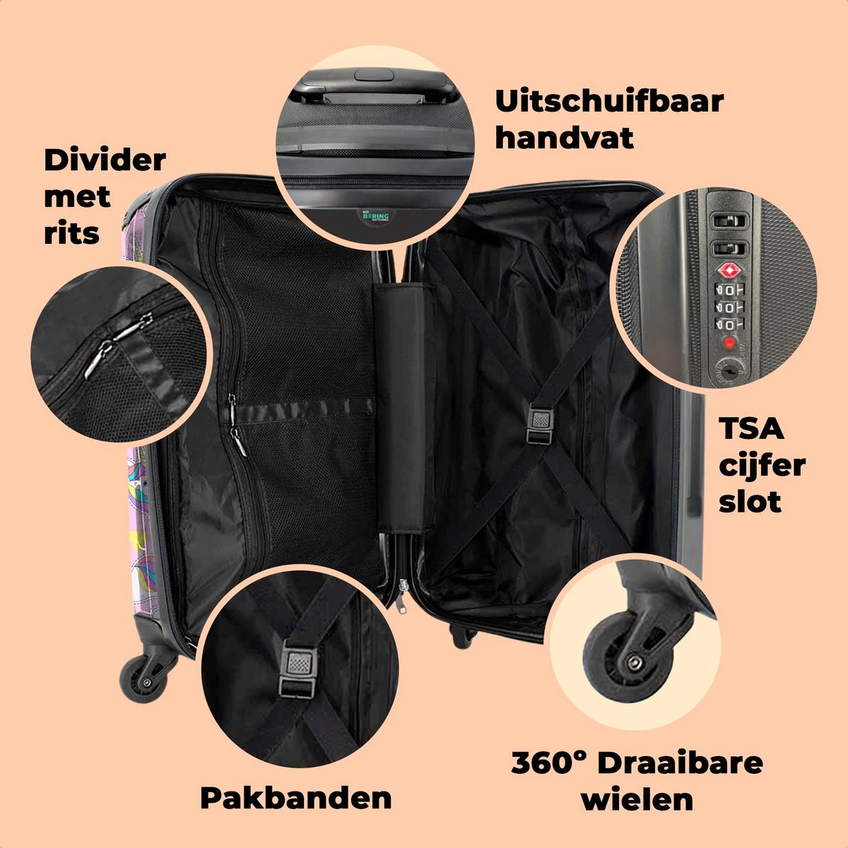 NoBoringSuitcases.com® Koffer Groot - Eenhoorn - Meisje - Patroon - Hartje - Trolley Koffer Met TSA-slot - Met Wielen - 90 Liter - Reiskoffer - 66 Cm 6 NoBoringSuitcases.com® Koffer Groot - Eenhoorn - Meisje - Patroon - Hartje - Trolley Koffer Met TSA-slot - Met Wielen - 90 Liter - Reiskoffer - 66 Cm - Afbeelding 4