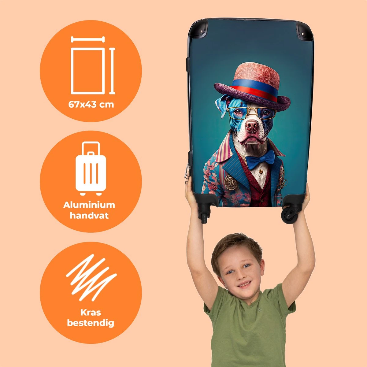 NoBoringSuitcases.com® Koffer Groot - Hond - Hoed - Colbert - Bloemen - Blauw - Trolley Koffer Met TSA-slot - Met Wielen - 90 Liter - Reiskoffer - 66 Cm 5 NoBoringSuitcases.com® Koffer Groot - Hond - Hoed - Colbert - Bloemen - Blauw - Trolley Koffer Met TSA-slot - Met Wielen - 90 Liter - Reiskoffer - 66 Cm - Afbeelding 3