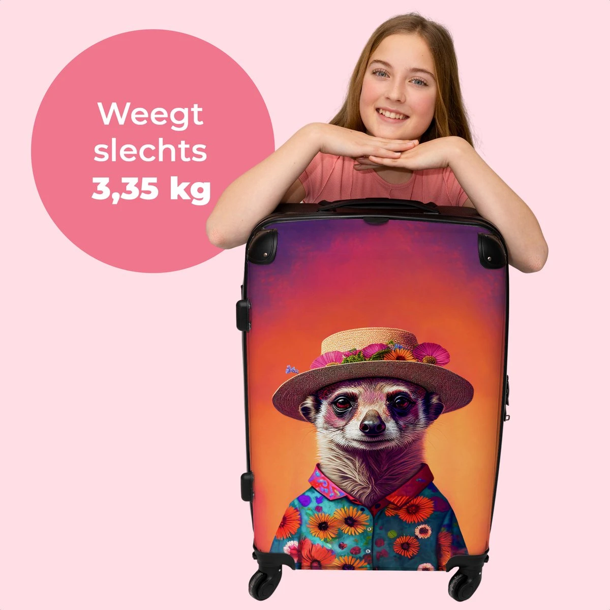 NoBoringSuitcases.com® Koffer Groot - Meerkat - Bloemen - Hoed - Dieren - Portret - Trolley Koffer Met TSA-slot - Met Wielen - 90 Liter - Reiskoffer - 66 Cm 4 NoBoringSuitcases.com® Koffer Groot - Meerkat - Bloemen - Hoed - Dieren - Portret - Trolley Koffer Met TSA-slot - Met Wielen - 90 Liter - Reiskoffer - 66 Cm - Afbeelding 2