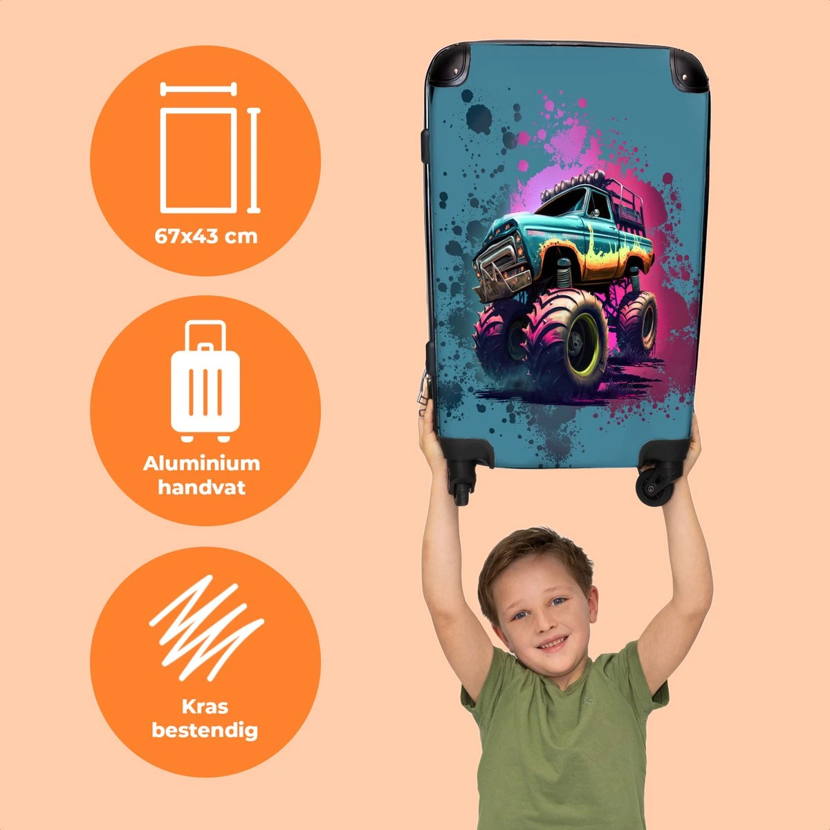 NoBoringSuitcases.com® Koffer Groot - Monstertruck - Verf - Graffiti - Roze - Neon - Trolley Koffer Met TSA-slot - Met Wielen - 90 Liter - Reiskoffer - 66 Cm 5 NoBoringSuitcases.com® Koffer Groot - Monstertruck - Verf - Graffiti - Roze - Neon - Trolley Koffer Met TSA-slot - Met Wielen - 90 Liter - Reiskoffer - 66 Cm - Afbeelding 3