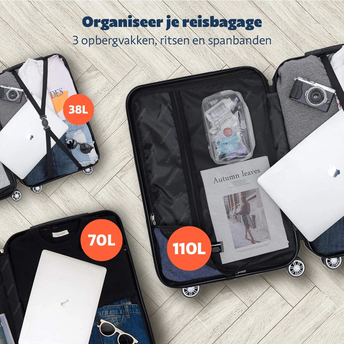 TRVLMORE Kofferset - 3 Delig - 38L (handbagage) + 70L + 110L - Donkergrijs 11 TRVLMORE Kofferset - 3 Delig - 38L (handbagage) + 70L + 110L - Donkergrijs - Afbeelding 9