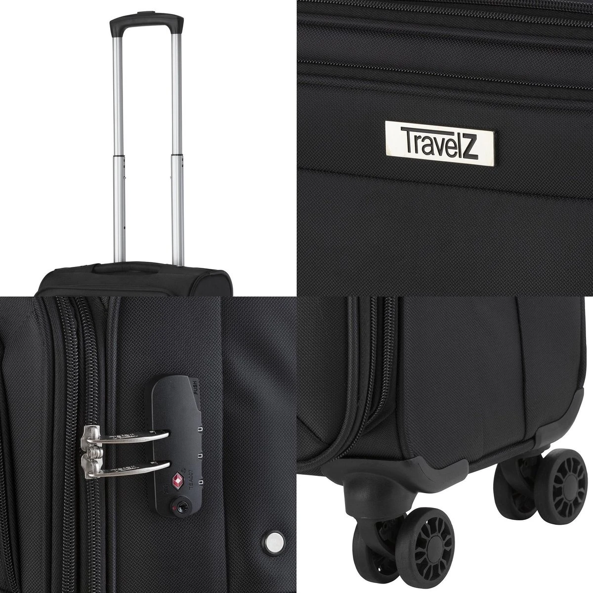 TravelZ Softspinner TSA Kofferset - 3-delige Zachte Trolleyset - Dubbele Wielen En Voorvakken Zwart 7 TravelZ Softspinner TSA Kofferset - 3-delige Zachte Trolleyset - Dubbele Wielen En Voorvakken Zwart - Afbeelding 5