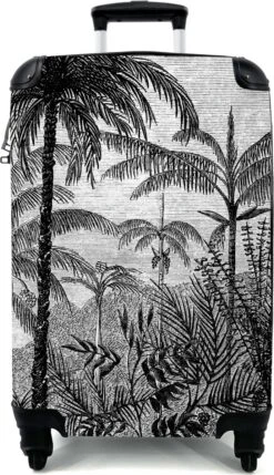 NoBoringSuitcases.com® Koffer - Jungle - Palmboom - Vintage - Zwart Wit - Past Binnen 55x40x20 Cm En 55x35x25 Cm - Handbagage - Trolley - Fotokoffer - Cabin Size - Print -Trolley Winkel 691x1200