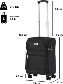 TravelZ Softspinner TSA Kofferset - 2-delig Handbagage + Grote Koffer 77cm - Dubbele Wielen - Zwart -Trolley Winkel 894x1200 4