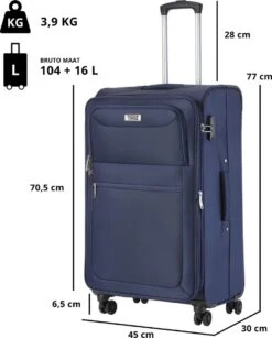 TravelZ Softspinner TSA Kofferset - 2-delig Handbagage + Grote Koffer 77cm - Dubbele Wielen - Blauw -Trolley Winkel 965x1200 5